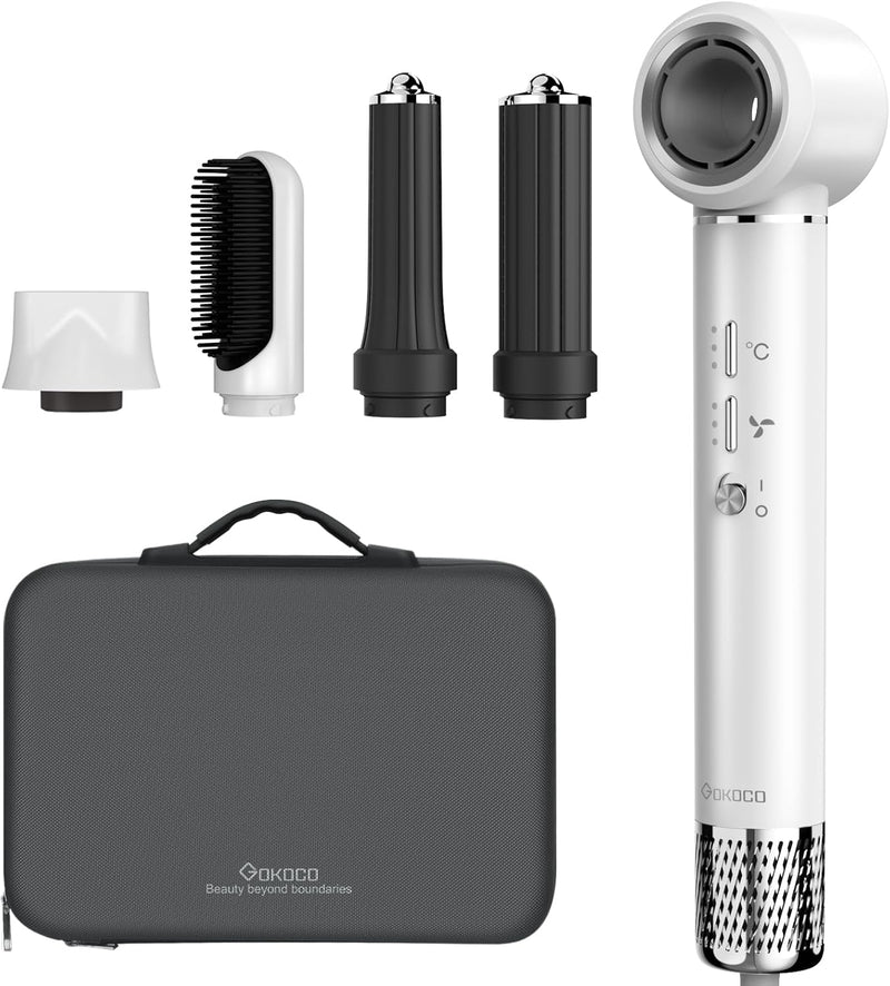 GOKOCO Secador de Cabelo 5 em 1 Conjunto, 1400W Alta Velocidade 110000 Rpm, Kit Modelador Liso e Cacheado com Bocal Magnético BIVolt